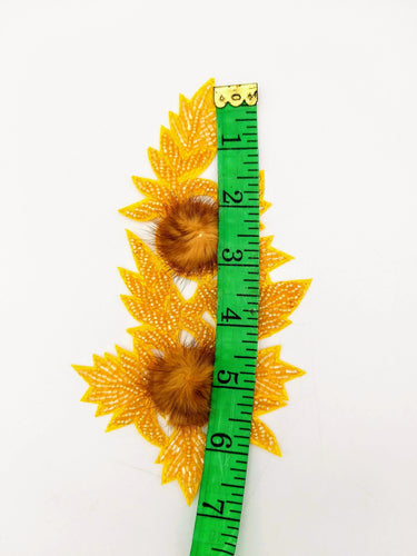 Yellow Hand Embroidered Floral Applique, Beaded Floral Motif With Feather Pom Pom, 1 Pc